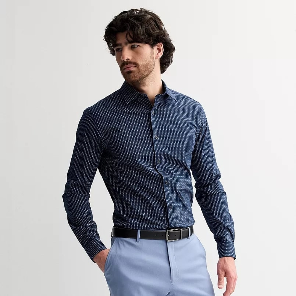 NWT Apt9 Navy Blue Geo Pattern Slim-Fit Button Down Dress Shirt sz M Orig$70+Tax